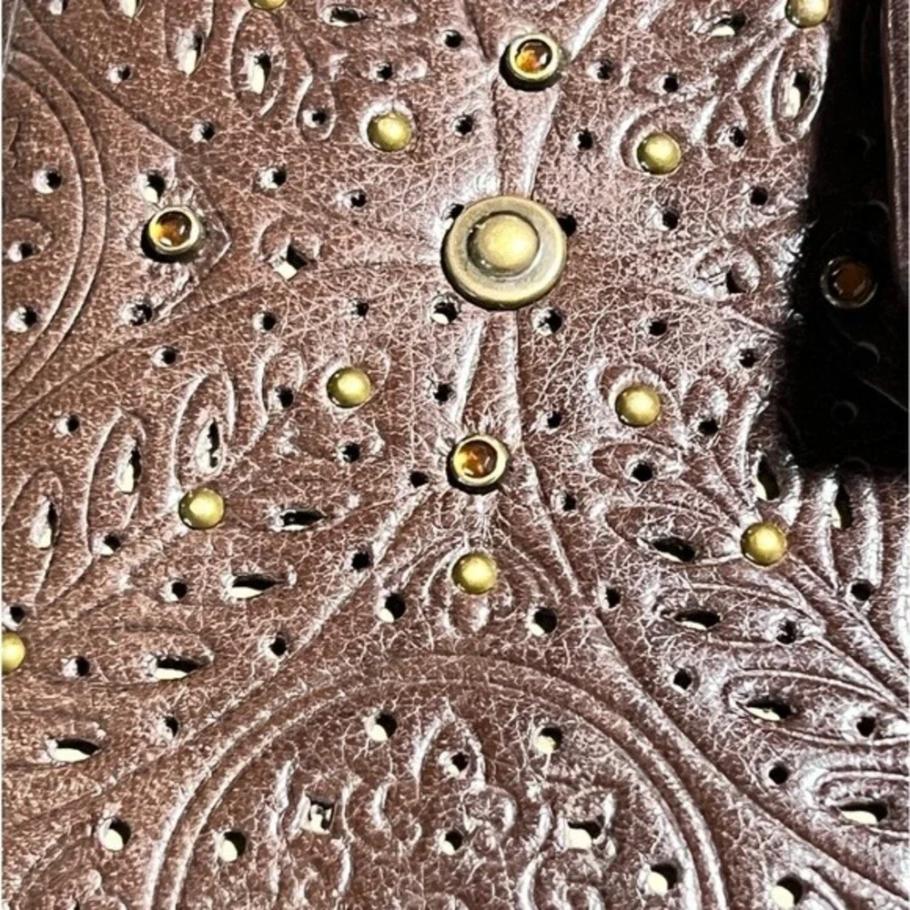 Vintage Brown Leather Wallet Hand Tooled Cut Outs Embellished Tons of slots!